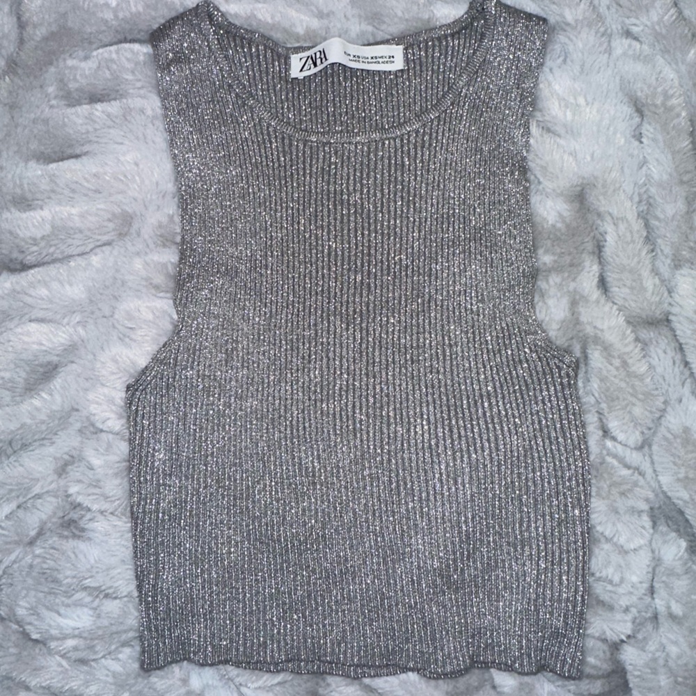 Zara Silver Boatneck Metallic Tank